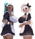  2girls alternate_breast_size alternate_costume apron bangs black_bow black_dress black_hair black_neckwear black_ribbon blue_eyes blue_hair blush bow bowtie breasts brown_eyes closed_mouth dark_skin dress enmaided eyebrows_visible_through_hair forehead frilled_apron frilled_sleeves frills from_behind hair_between_eyes hair_bun hair_ornament hair_ribbon hairclip hand_on_hip large_breasts long_hair looking_at_viewer looking_back maid maid_headdress multicolored_hair multiple_girls nose_blush own_hands_together pokemon pokemon_(game) pokemon_swsh puffy_short_sleeves puffy_sleeves ribbon rurina_(pokemon) saitou_(pokemon) short_hair short_sleeves silver_hair simple_background sumisumii two-tone_hair very_long_hair waist_apron white_apron white_background 