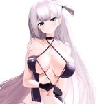  1girl absurdres azur_lane bangs bare_arms bare_shoulders black_choker black_gloves blue_eyes breasts center_opening choker commentary criss-cross_halter dress gloves halterneck highres large_breasts long_hair looking_at_viewer mole mole_under_eye monueari navel navel_cutout one_side_up race_queen revealing_clothes shoukaku_(azur_lane) shoukaku_(sororal_wings)_(azur_lane) silver_hair simple_background sleeveless sleeveless_dress solo thighhighs white_background white_legwear 