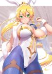  &gt;:) 1girl absurdres animal_ears areola_slip areolae artoria_pendragon_(all) artoria_pendragon_(swimsuit_ruler)_(fate) artoria_pendragon_(swimsuit_ruler)_(fate)_(cosplay) ass_visible_through_thighs bangs blonde_hair blue_legwear blush braid breasts bunny_ears bunnysuit center_opening cleavage closed_mouth cosplay cowboy_shot elf fake_animal_ears from_below green_eyes green_nails hand_up high_ponytail highleg highleg_leotard highres kawase_seiki large_breasts leafa leotard long_hair looking_at_viewer looking_down nail_polish pointy_ears shawl sidelocks smile solo strapless strapless_leotard sword_art_online thigh_strap twin_braids v-shaped_eyebrows very_long_hair white_leotard wrist_cuffs 