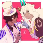  2boys alternate_costume arjuna_(fate/grand_order) arjuna_alter bangs black_eyes brown_hair cravat cropped_torso dark_skin dark_skinned_male fate/grand_order fate_(series) gloves glowing_horns grey_eyes hair_between_eyes hat highres horns hukahire0313 jewelry long_hair male_focus multiple_boys open_mouth shiny shiny_hair simple_background solo top_hat upper_body wand white_hair 