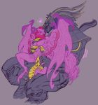  anthro anthro_on_anthro anthrofied armor bahamut beak black_body blue_eyes blush bodily_fluids breasts claws duo fangs female final_fantasy genital_fluids genitals hair hi_res love male male/female muscular muscular_male open_mouth pink_body pink_eyes pink_hair pussy pussy_juice romantic_ambiance romantic_couple simple_background square_enix tongue valefor video_games vipery-07 wings 