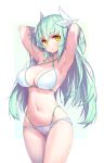  1girl :o absurdres armpits arms_behind_head arms_up bangs bare_shoulders bikini blush breasts cleavage collarbone cowboy_shot dragon_girl dragon_horns eyebrows_visible_through_hair fate/grand_order fate_(series) green_hair hands_in_hair highres hong_(white_spider) horns kiyohime_(fate/grand_order) large_breasts layered_bikini long_hair looking_at_viewer navel paid_reward patreon_reward simple_background solo standing swimsuit thigh_gap thighs wet wet_clothes wet_swimsuit white_background white_bikini yellow_eyes 