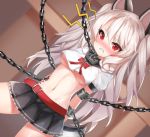  1girl angry azur_lane blush bound breasts chain chained collar crop_top ehart eyebrows_visible_through_hair lock long_hair mechanical_ears medium_breasts navel puffy_short_sleeves puffy_sleeves red_eyes short_sleeves slit_pupils solo tail tattoo teeth tied_up underboob very_long_hair white_hair yuudachi_(azur_lane) 