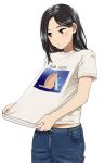  1girl black_eyes black_hair cat clothes_writing denim jeans long_hair mattaku_mousuke mole mole_under_eye original pants parted_lips shirt shirt_tug solo t-shirt vomiting_rainbows white_background 