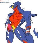  anthro anthrofied bandage bodily_fluids claws cum dragon eyes_closed fan_character fangs garchomp genital_fluids genitals looking_pleasured male masturbation mega_evolution mega_garchomp muscular muscular_male nintendo open_mouth orgasm orgasm_face penis pok&eacute;mon pok&eacute;mon_(species) scar simple_background solo spikes standing text tongue url vein veiny_penis video_games vipery-07 white_background 