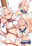  1girl arms_behind_back arms_up ayanami_(azur_lane) azur_lane bare_shoulders bdsm blush bondage bound breasts closed_eyes crying eyebrows_visible_through_hair hair_between_eyes hair_ornament headgear high_ponytail highres large_breasts long_hair looking_at_viewer multiple_views navel panties pleated_skirt ponytail rape red_eyes restrained sailor_collar school_uniform shirt sidelocks skirt thighhighs underwear wet wet_clothes wet_panties white_background white_legwear white_panties white_shirt yasume_yukito 