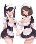  2girls alternate_breast_size alternate_costume apron arm_behind_back bangs bell black_bow black_dress black_hair black_nails black_neckwear blush bow bowtie breasts brown_hair cleavage cleavage_cutout cowboy_shot dress enmaided frilled_apron frilled_dress frills green_eyes holding_hands interlocked_fingers jingle_bell large_breasts maid maid_headdress mary_(pokemon) multiple_girls nail_polish neck_garter nose_blush pokemon pokemon_(game) pokemon_swsh puffy_short_sleeves puffy_sleeves short_hair short_sleeves short_twintails simple_background sumisumii swept_bangs thighs twintails underbust waist_apron white_apron white_background yellow_eyes yuuri_(pokemon) 