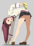  1girl bare_legs bent_over brown_eyes fang full_body holding jewelry legs looking_at_viewer mahou_shoujo_madoka_magica open_mouth red_hair ring sakura_kyouko salpin school_uniform simple_background skin_fang solo upside-down 