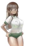  1girl bangs blunt_bangs blush bra bra_through_clothes breasts brown_hair buruma closed_mouth cowboy_shot dark_elf dark_elf_(nijitama_shiyushiyu) dark_skin elf embarrassed fingernails green_bra green_buruma grey_background large_breasts long_hair looking_at_viewer nijitama_shiyushiyu original pointy_ears see-through shirt short_sleeves solo standing sweat underwear white_shirt 