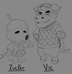  2020 animal_crossing anthro armor bovid bovine cattle clothing dinonugget_bird duo eyes_closed headgear helmet hi_res male mammal nintendo one_eye_closed robe simple_background text vic_(animal_crossing) video_games wink 