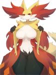  2020 3:4 anthro baburusushi barbie_anatomy big_breasts blush bodily_fluids breasts canid canine delphox featureless_breasts featureless_crotch female flashing frown fur hi_res inner_ear_fluff kemono looking_down mammal nintendo orange_body orange_fur pok&eacute;mon pok&eacute;mon_(species) red_body red_eyes red_fur simple_background solo sweat sweatdrop tuft video_games white_background white_body white_fur yellow_body yellow_fur 