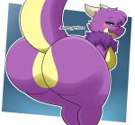  anthro bedroom_eyes big_breasts big_butt blep blush breasts butt dragon female hi_res huge_butt jhenightfox looking_back narrowed_eyes nude purple_body raised_tail seductive simple_background solo thick_thighs tongue tongue_out 