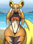  alolan_raichu anthro black_clothing breasts clothing female front_view furball hair legwear nintendo nipple_outline orange_clothing outside pok&eacute;mon pok&eacute;mon_(species) regional_form_(pok&eacute;mon) solo thick_thighs thigh_highs under_boob video_games water wide_hips yellow_ears yellow_tail 