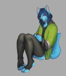  anthro blue_body blue_fur blue_hair canid canine canis character_darkuu clothed clothing dar-kuu fur hair hoodie legwear looking_at_viewer male mammal open_mouth paws purple_eyes shirt solo stockings topwear underwear wolf 