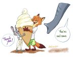  2020 anthro barefoot blush bottomwear brown_body brown_fur canid canine clothed clothing dessert dialogue disney english_text eyes_closed food fox fully_clothed fur grey_body grey_fur group holding_food holding_object ice_cream ice_cream_cone judy_hopps lagomorph leporid mammal nick_wilde nklove3104 open_mouth open_smile rabbit red_fox shirt shorts simple_background smile speech_bubble standing t-shirt text topwear white_background zootopia 