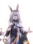  1girl animal_ears arknights bangs belt black_gloves bunny_ears facial_scar frostnova_(arknights) gloves hair_ornament hair_over_one_eye hairclip highres jacket long_hair looking_at_viewer nose_scar outstretched_arm rahnsiegfried scar silver_hair smile white_hair 