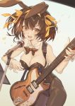  1girl animal_ears black_legwear black_leotard black_neckwear bow bowtie breasts brown_eyes brown_hair bunny_ears bunnysuit cleavage commentary cowboy_shot detached_collar english_commentary eyebrows_visible_through_hair fake_animal_ears guitar hair_between_eyes hair_ribbon highres holding holding_instrument hong instrument leotard looking_at_viewer medium_breasts microphone_stand music open_mouth pantyhose plectrum ribbon short_hair simple_background singing solo suzumiya_haruhi suzumiya_haruhi_no_yuuutsu tsurime white_background wrist_cuffs 