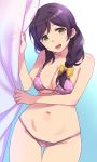  1girl :d bikini blue_background bow braid breasts cleavage cowboy_shot curtains deyuuku gradient gradient_background green_eyes hair_bow hair_over_shoulder large_breasts long_hair looking_at_viewer love_live! love_live!_school_idol_project navel open_mouth print_bikini purple_bikini purple_hair shiny shiny_skin single_braid smile solo swimsuit thigh_gap toujou_nozomi yellow_bow 