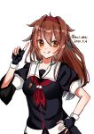  1girl absurdres asymmetrical_clothes black_gloves black_serafuku brown_eyes brown_hair commentary_request dated fingerless_gloves gloves hair_flaps hairband highres index_finger_raised kantai_collection looking_at_viewer neckerchief red_hairband red_neckwear remodel_(kantai_collection) sailor_collar school_uniform serafuku shiratsuyu_(kantai_collection) simple_background smile solo tamako_(sui_8931) tongue tongue_out twitter_username upper_body whistle whistle_around_neck white_background white_sailor_collar 