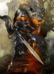  1boy animal armor artorias_the_abysswalker blue_cape breathing_fire cape cloud cloudy_sky dark_souls day debris embers faceless fangs fire fire_body flaming_eyes flaming_sword flaming_weapon full_armor great_grey_wolf_sif grey_wolf highres kekai_kotaki knight light_rays long_sword looking_at_viewer oversized_animal ruins severed_arm severed_limb shield sky souls_(from_software) stairs standing sunlight torn_cape torn_clothes tree wolf work_in_progress 