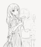  1girl apron atelier_(series) atelier_lulua braid circlet cooking greyscale holding_ladle karasumi_(aiseec) ladle long_hair looking_back monochrome piana_(atelier) pot 