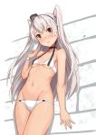  1girl against_wall amatsukaze_(kantai_collection) bikini blush breasts brown_eyes choker cowboy_shot fanbox_reward hat highres kantai_collection long_hair looking_at_viewer mini_hat navel outdoors paid_reward parted_lips silver_hair small_breasts solo swimsuit takanashi_kei_(hitsujikan) two_side_up underboob white_bikini wristband 