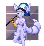  2020 anthro blue_eyes breasts canister_(artist) ear_piercing eyewear female fur genitals goggles goggles_on_head hair hammer hi_res lombax mammal mechanical_arm nipples nude piercing prosthetic prosthetic_arm prosthetic_limb pussy ratchet_and_clank rift_apart_lombax smile solo stripes tools video_games 