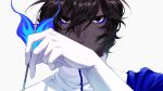  1boy arjuna_(fate/grand_order) arrow_(projectile) bangs black_eyes brown_hair cloak close-up dark_skin dark_skinned_male eyeshadow face fate/grand_order fate_(series) gloves hair_between_eyes highres holding_arrow hukahire0313 looking_at_viewer makeup male_focus shiny shiny_hair simple_background solo upper_body white_background white_gloves 