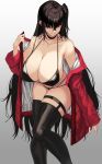  1girl absurdres azur_lane bangs bare_shoulders bikini black_bikini black_choker black_hair black_legwear boots breasts choker cleavage closed_mouth collarbone crossed_bangs grey_background hair_between_eyes halterneck highres huge_breasts jacket leaning_forward long_hair off_shoulder one_side_up red_eyes red_jacket sleeves_past_wrists smile swimsuit taihou_(azur_lane) taihou_(enraptured_companion)_(azur_lane) thigh_boots thigh_strap thighhighs thighs very_long_hair yamanokami_eaka 