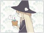  ayu_(mog) black_choker black_dress black_headwear blonde_hair bow braid choker dress floral_background flower ghost hair_bow hat holding long_hair open_mouth plant potted_plant purple_eyes purple_flower red_bow witch_hat 