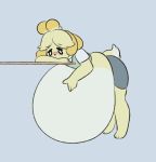  2019 absurd_res animal_crossing anthro arm_support belly big_belly blue_background blush canid canine canis clothing domestic_dog female fur hand_on_stomach hi_res hyper hyper_belly isabelle_(animal_crossing) leaning_on_elbow mammal nintendo overweight overweight_female pompuffy_(artist) shih_tzu simple_background solo toy_dog video_games white_belly yellow_body yellow_fur 