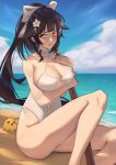  1girl azur_lane beach bird black_hair blue_sky bokken bow breasts brown_eyes casual_one-piece_swimsuit chick cleavage cloud commentary_request criss-cross_halter day hair_flaps halterneck highres jmao large_breasts long_hair looking_at_viewer manjuu_(azur_lane) one-piece_swimsuit outdoors ponytail sky solo swimsuit sword takao_(azur_lane) takao_(beach_rhapsody)_(azur_lane) weapon white_bow white_swimsuit wooden_sword 