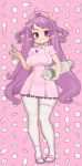  1girl bangs contrapposto hand_up hat heart holding long_hair looking_at_viewer nijitama_shiyushiyu nurse original pantyhose pill pink_footwear pink_headwear pointy_ears purple_eyes purple_hair shoes smile solo standing swept_bangs thermometer very_long_hair white_legwear 