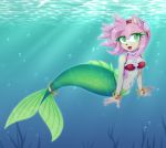  2020 accessory alternate_species amy_rose black_nose bracelet breasts digital_media_(artwork) eyelashes female green_eyes hair hair_accessory hairband jewelry lipstick looking_at_viewer makeup marine merfolk mermaidification metalpandora navel necklace pink_hair red_lipstick short_hair smile solo sonic_the_hedgehog_(series) underwater water watermark 