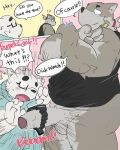  2020 4:5 anthro balls belly blush canid canine canis clothing comic cute_fangs domestic_dog dumdum duo english_text fur genitals hi_res humanoid_genitalia humanoid_hands humanoid_penis kemono male mammal overweight overweight_male penis shirt text topwear white_body white_fur 