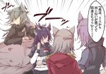  animal_ear_fluff animal_ears arknights bangs black_jacket eyebrows_visible_through_hair grey_eyes hair_between_eyes hair_ornament hairclip highres jacket lappland_(arknights) long_hair long_sleeves mirui multiple_girls projekt_red_(arknights) provence_(arknights) purple_hair scar scar_across_eye silver_hair spit_take spitting tail texas_(arknights) translation_request wolf_ears wolf_tail yellow_eyes 