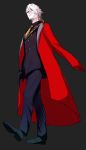  1boy alternate_costume alternate_hairstyle bangs blue_eyes fate/grand_order fate_(series) from_below full_body hair_between_eyes hair_over_one_eye highres hukahire0313 jacket jacket_on_shoulders jewelry karna_(fate) male_focus necktie pale_skin red_jacket shiny shiny_hair shirt shoes simple_background single_earring solo white_hair 