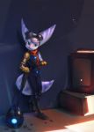  absurd_res anthro blue_eyes clothed clothing digital_media_(artwork) ear_piercing eyewear female fur goggles goggles_on_head hi_res lombax mammal neckerchief piercing prosthetic prosthetic_arm prosthetic_limb ratchet_and_clank rift_apart_lombax solo stripes tuft video_games weapon zeker 