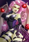  2018 alternate_species apple armwear bat_wings blood bodily_fluids breasts cleavage clothed clothing colored_flesh corset digital_media_(artwork) edit eyelashes fangs female fingerless_gloves flutterbat_(mlp) fluttershy_(mlp) food friendship_is_magic fruit gloves hair handwear hasbro hi_res humanoid humanoid_pointy_ears humanoidized lingerie long_hair membrane_(anatomy) membranous_wings my_little_pony open_mouth pink_hair plant racoon-kun red_eyes solo tongue tongue_out topwear winged_humanoid wings 