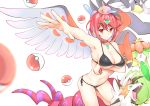  1girl absurdres arm_under_breasts bangs bare_shoulders bikini black_bikini blush breasts chest_jewel cleavage closed_mouth collarbone daive earrings gen_4_pokemon gen_8_pokemon highres homura_(xenoblade_2) jewelry large_breasts legendary_pokemon looking_at_viewer navel poke_ball porygon-z red_eyes red_hair short_hair sidelocks simple_background smile swept_bangs swimsuit thighs tiara urshifu wings xenoblade_(series) xenoblade_2 