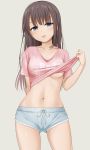  1girl :p arm_behind_back bangs blue_eyes blue_shorts breasts brown_hair clothes_writing collarbone cowboy_shot eyebrows_visible_through_hair grey_background highres lifted_by_self long_hair medium_breasts miel_(lessontome) navel original pink_shirt shirt shirt_lift short_shorts short_sleeves shorts simple_background smile solo stomach straight_hair tongue tongue_out underboob 