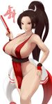  1girl absurdres ass breasts brown_eyes brown_hair closed_fan fan fatal_fury folding_fan highres large_breasts legs_together loincloth long_hair looking_at_viewer ninja pelvic_curtain red_eyes sana!rpg shiranui_mai smile the_king_of_fighters thick_thighs thighs 