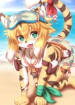  all_fours anthro beach black_nose blonde_hair blush breasts clothed clothing cute_fangs day eyewear felid female fingers fur goggles green_eyes hair hi_res horokusa0519 inner_ear_fluff kemono looking_at_viewer mammal mia_(world_flipper) open_mouth outside pantherine seaside solo stripes swimwear tiger tuft white_body white_fur world_flipper yellow_body yellow_fur 