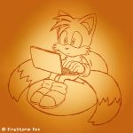  1:1 anthro canid canine clothing computer firestormfox footwear fox gloves handwear laptop male mammal miles_prower signature simple_background sitting solo sonic_the_hedgehog_(series) video_games 