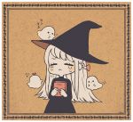  1girl :&lt; =_= ayu_(mog) black_dress black_headwear blonde_hair blush book bow closed_eyes crying dress facing_viewer ghost hair_bow hat holding holding_book long_hair long_sleeves original red_bow solo tears transparent_border witch witch_hat 