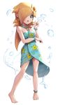  alternate_costume anklet bare_shoulders barefoot bracelet earrings flower gonzarez hair_flower hair_ornament hair_over_one_eye highres jewelry mario_(series) mario_kart_tour open_mouth rosalina super_mario_galaxy swimsuit wet 