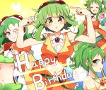  4girls absurdres bangs belt blush breasts brooch closed_eyes collar commentary cowboy_shot crop_top detached_collar elbow_gloves frilled_skirt frills gloves goggles goggles_on_head green_eyes green_hair green_skirt green_tubetop grin gumi hands_up happy_birthday highres jacket jewelry looking_at_viewer megpoid_(vocaloid3) megpoid_(vocaloid4) midriff multiple_girls multiple_persona navel open_mouth orange_jacket orange_shirt orange_skirt pachio_(patioglass) pointing pointing_at_self red_goggles shirt short_hair_with_long_locks short_sleeves sidelocks skirt sleeveless sleeveless_shirt smile suspender_skirt suspenders underboob vocaloid white_collar yellow_gloves yellow_skirt 
