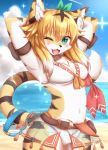  anthro beach black_nose blonde_hair blush breasts clothed clothing cute_fangs day felid female fur glistening glistening_eyes green_eyes hair hi_res horokusa0519 inner_ear_fluff kemono looking_at_viewer mammal mia_(world_flipper) navel one_eye_closed open_mouth open_smile outside pantherine seaside smile solo stripes swimwear tiger tuft white_body white_fur wink world_flipper yellow_body yellow_fur 