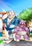  2020 anthro asian_clothing belly black_nose blush bulge bumomomoboa canid canine canis clothing domestic_dog east_asian_clothing eyewear fundoshi fur glasses group hi_res humanoid_hands japanese_clothing kemono male mammal outside overweight overweight_male purple_body purple_fur robe suid suina sus_(pig) underwear ursid white_body white_fur wild_boar 