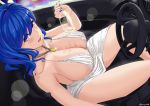  1girl absurdres azur_lane backless_dress backless_outfit bangs bare_shoulders blue_hair blue_nails breasts car car_interior cleavage cup dress drinking_glass evening_gown from_above grey_dress ground_vehicle hair_between_eyes halter_dress highres holding holding_cup huge_breasts jewelry large_breasts looking_at_viewer motor_vehicle nail_polish necklace pink_eyes plunging_neckline pouring_onto_self revealing_clothes side_ponytail sidelocks silver_dress st._louis_(azur_lane) st._louis_(luxurious_wheels)_(azur_lane) thighs tongue tongue_out warden_(jadol_9) 